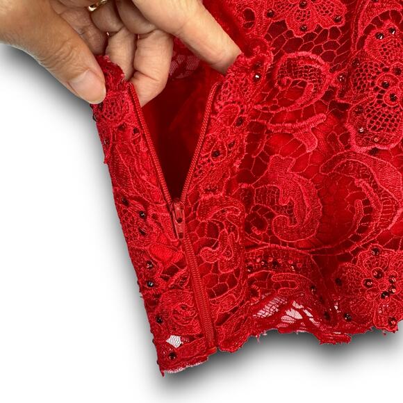 Dave & Johnny Red Two Piece Lace Halter Top Maxi Skirt Prom Gown 2pc Set 11 / 12 - Picture 5 of 15